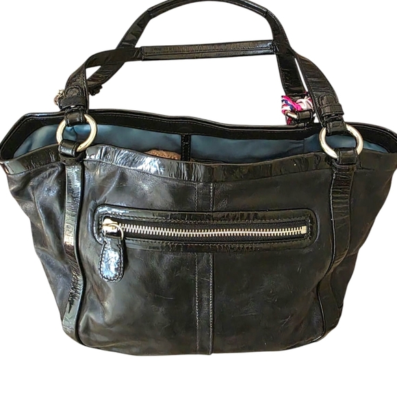 COACH Black Leather with Patent Leather Trim Shoulder Bag with Silver Accents - Picture 7 of 16